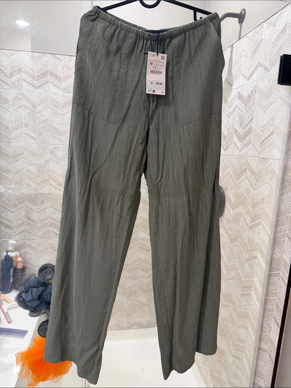 Zara Olive Green Wide-Leg Elastic Waist Pants